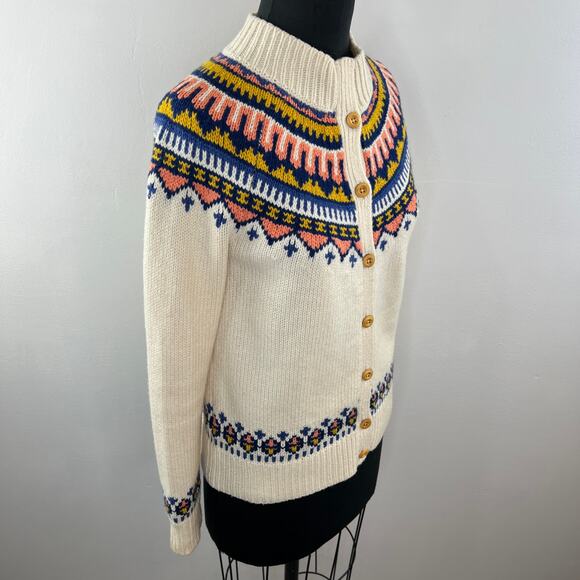 Lands' End Canvas Beige Multicolor Fair Isle Wool Button-Up Mock Neck Sweater XS - Picture 3 of 10